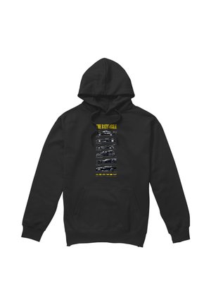 Schwarzer Hoodie mit vertikalem Druck, der sechs Versionen des Batmobils zeigt, und dem Text "The Batmobile" in Gelb darüber.