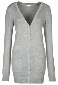 Grå cardigan i mjukt stickat material, med V-hals, långa ärmar, knappknäppning och två framfickor.