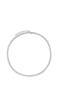 Collana in argento con anelli interconnessi, dalla texture liscia, dotata di chiusura a moschettone e catena regolabile per personalizzare la misura.
