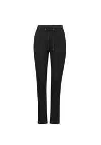 Svarta slim-fit byxor med framdragsöm och dragsko i midjan, rak benmodell, visade mot en vit bakgrund.