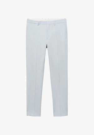 Pantalons ajustés bleu clair en tissu lisse, présentant un devant plat, deux poches latérales et une coupe droite épurée.