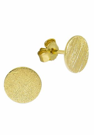 Boucles d'oreilles clous rondes en or avec surfaces texturées et fermoirs papillon montrées sur fond blanc.