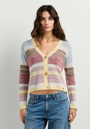 Kvinde iført en flerfarvet stribet strikket cardigan med knapper og blå jeans, stående mod en ensfarvet lys baggrund.