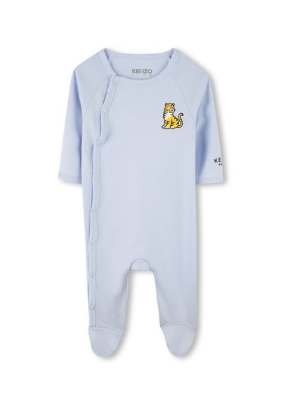 Combinaison en coton bleu clair avec des manches courtes, dotée d'une broderie de tigre sur la poitrine et d'une fermeture pression sur le côté. Finition en tissu doux.