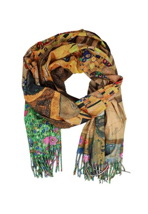 Sciarpa colorata realizzata in tessuto leggero, caratterizzata da intricati motivi floreali e astratti, con bordi frangiati in vari colori.