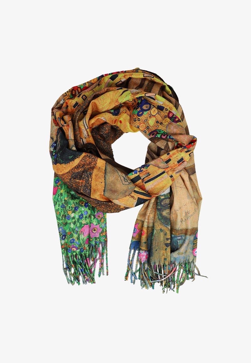 Sciarpa colorata realizzata in tessuto leggero, caratterizzata da intricati motivi floreali e astratti, con bordi frangiati in vari colori.
