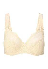 Reggiseno beige con pizzo, motivo floreale, coppe lisce, spalline regolabili e dettagli a fiocco al centro e sulle spalline.