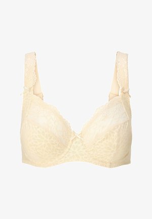 Soutien-gorge beige à bordure en dentelle avec un motif floral, cups lisses, bretelles réglables et nœuds décoratifs au centre et sur les bretelles.