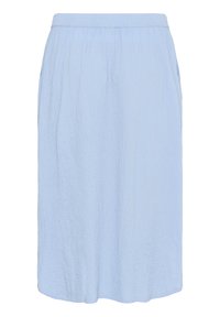 Light blue, knee-length skirt made from textured fabric. Features an elastic waistband and side pockets. Simple, flowing design.
