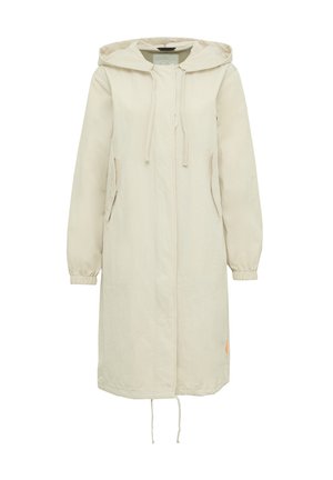 Beige langer Mantel mit Kapuze, Kordelzug in der Taille, Seitentaschen, elastischen Bündchen und einem orangen Akzent am Saum. Aus leichtem Stoff gefertigt.