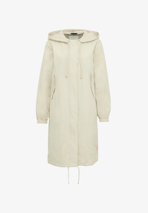 Beige lange jas met een capuchon, taillekoord, zijkanten, elastiche manchetten en een oranje accent op de zoom. Gemaakt van lichtgewicht stof.