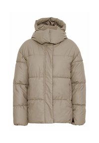 Beige pufferjakke med høj krave, kviltet design, lange ærmer og en afslappet pasform. Fremstillet af et glat, let materiale.