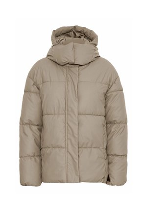 Beige pufi kabát magas gallérral, steppelt dizájnnal, hosszú ujjakkal és laza szabással. Simma, könnyű anyagból készült.