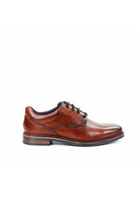 Braunes Lederschuh mit rundem Zeh, Schnürdesign, kontrastierender blauer Innenauskleidung und einer strukturierten Sohle mit mehrlagigen Akzenten.