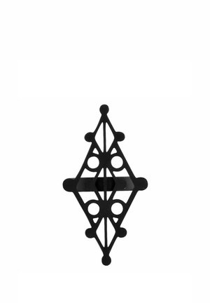 Black geometric metal wall hook with symmetrical diamond shape and rounded edges on a white background.