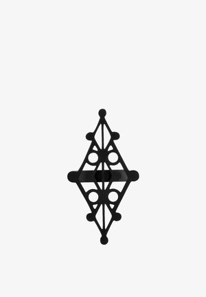 Black geometric metal wall hook with symmetrical diamond shape and rounded edges on a white background.