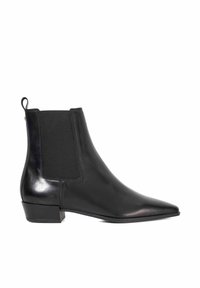 Black leather ankle boot with elastic side panels, pointed toe, and low block heel. Features a pull tab at the back for easy wear.