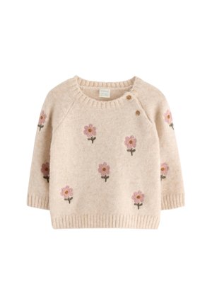Beżowy dziergany sweter dziecięcy z różowymi wzorami kwiatów i dwoma drewnianymi guzikami przy okrągłym dekolcie, długie rękawy.