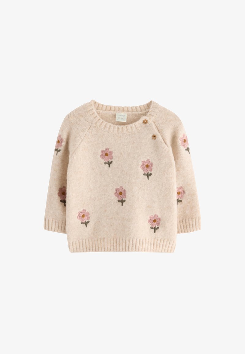 Pull bébé beige tricoté avec motifs de fleurs roses et deux boutons en bois près de l'encolure ronde, manches longues.