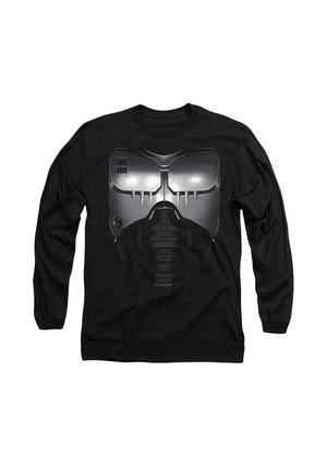 Schwarz langärmliges T-Shirt mit einem grafischen Motiv eines Robotergesichts in Silber, das kantige Designs und strukturierte Details betont.