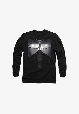 Schwarz langärmliges T-Shirt mit einem grafischen Motiv eines Robotergesichts in Silber, das kantige Designs und strukturierte Details betont.