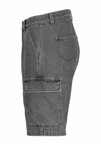 Shorts cargo en denim gris avec une poche latérale, une poche arrière et une taille régulière. Tissu texturé avec une coupe et une finition classiques.