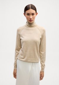 Gaišbežs turtlenecks džemperis ar garām piedurknēm, izgatavots no mīksta auduma, ar smalku heathered faktūru un ribinātu apkakli un aprocēm.