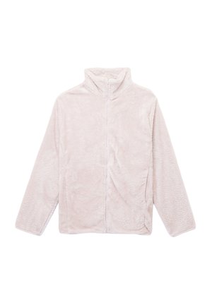 Chaqueta de forro polar rosa claro con cremallera completa, mangas largas y cuello alto, extendida sobre un fondo blanco.