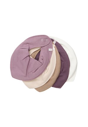 Satz von vier runden, weichen Lätzchen in den Farben Lila, Beige und Weiß, mit Druckknöpfen und glatter Oberfläche.