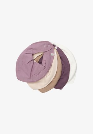 Set van vier ronde, zachte slabbetjes in paarse, beige en witte tinten, voorzien van drukknoopsluitingen en een gladde textuur.