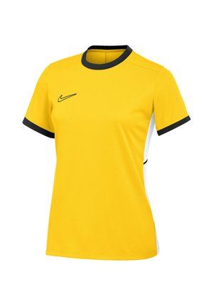 Maillot de sport jaune à manches courtes avec col et bordures de manches noires, avec un petit logo Nike noir sur le côté avant gauche.