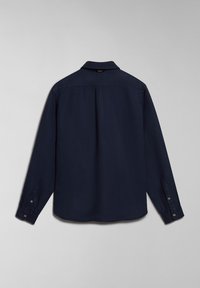 Camicia a maniche lunghe blu navy con colletto e polsini con bottone, caratterizzata da una texture liscia e un design con pieghe sul retro.