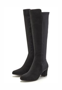 Botas de ante negras hasta la rodilla con tacón cuadrado, que cuentan con una parte superior suave y un cierre de cremallera en el costado. Diseño simple y elegante.