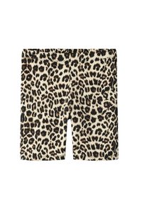 Kratke hlače z leopardjim vzorcem iz mehke tkanine, z črnim elastičnim pasom in prilegnjenim krojem. Podroben rjav in črn vzorec.