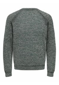 Grön tröja med en texturerad stickdesign, rund halsringning och raglanärmar. Har en ribbad nederkant och ärmslut, med ett blandat garnmönster.
