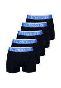 Boxeri negri, cu un tiv de culoare albastru deschis, pe care este imprimat în alb textul "U.S. POLO ASSN.", expuși într-o linie de cinci.