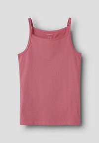 Rosa Tanktop mit dünnen Trägern, aus glattem Baumwollstoff gefertigt. Mit rundem Ausschnitt und einfachem, schmucklosem Design.