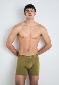 Žalios medvilnės mišinio bokso apatiniai su juodu Calvin Klein logotipu ant juosmens, pasižymintys prigludusia siluetu ir vidutinio ilgio iki šlaunų.