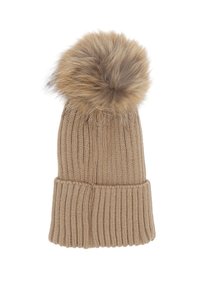 Berretto beige lavorato a maglia con texture a costine e un grande pompon in pelliccia sintetica sulla parte superiore, che offre calore e stile nelle giornate fredde.