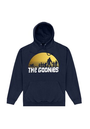 Granatowa bluza z kapturem z przednią kieszenią, z żółtą grafiką zachodu słońca i sylwetkami ośmiu postaci nad napisem "The Goonies".