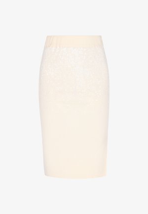 Spódnica w kolorze kremowym o długości do kolan z prążkowaną teksturą i akcentem z cekinów na górze. Elastyczny pas dla dopasowanego stylu. Gładkie wykończenie.