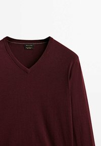 Bordeaux V-halstrui gemaakt van zachte stof. Lange mouwen, eenvoudig ontwerp en labeldetails op de halslijn. Soepele textuur.