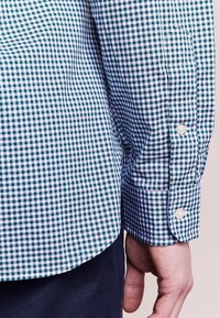 Grön och vit rutiga skjorta med en strukturerad krage, knappmanschetter och en slät tygtextur. Synlig sömdetalj på ärmen.