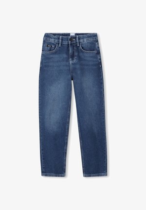 Blå denimjeans med lige ben, fem lommer, bæltestropper og knaplukning, vist fladt på en hvid baggrund.
