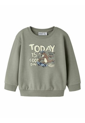 Sweat-shirt gris pour enfants avec un ours en dessin animé faisant du skateboard et le texte « Aujourd'hui est un bon jour » et « Profite de la balade, né pour skater. »