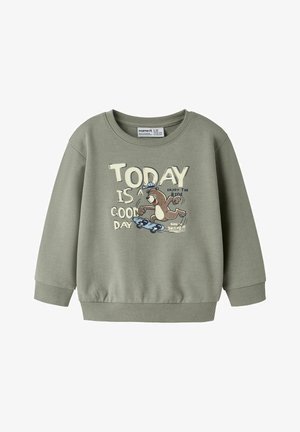 Szara bluza dziecięca z nadrukiem kreskówkowego misia jeżdżącego na deskorolce oraz napisami "Dziś jest dobry dzień" i "Ciesz się jazdą, urodzony, by jeździć na deskorolce."