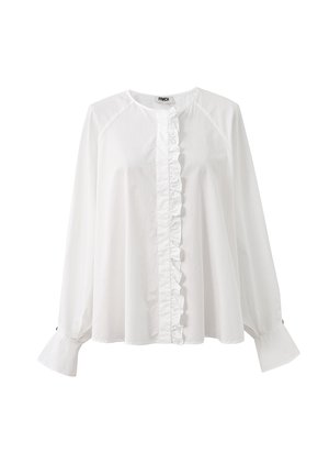 Witte blouse met lange mouwen, ronde hals, verticale rimpeltrim aan de voorkant en brede manchetten op de mouwen.