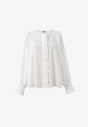 Witte blouse met lange mouwen, ronde hals, verticale rimpeltrim aan de voorkant en brede manchetten op de mouwen.
