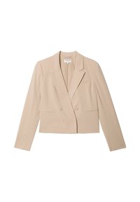 Blazer beige doppiopetto con rever a punta, maniche lunghe e tessuto leggermente texturizzato. Presenta due tasche frontali e un design cropped.