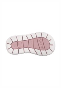Suola di scarpa in gomma rosa e bianca con un motivo testurizzato, caratterizzata da un design segmentato, dettagli in rilievo "FLEXZONE" e taglia 18.